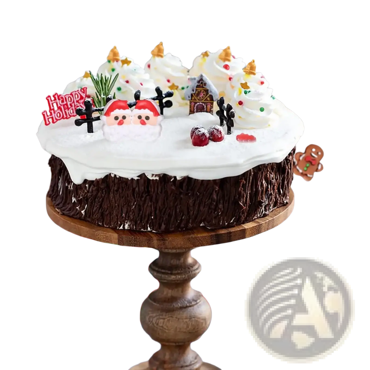 A festive chocolate cake with white frosting decorated with santa figurines and gingerbread house Christmas sprinkles mix