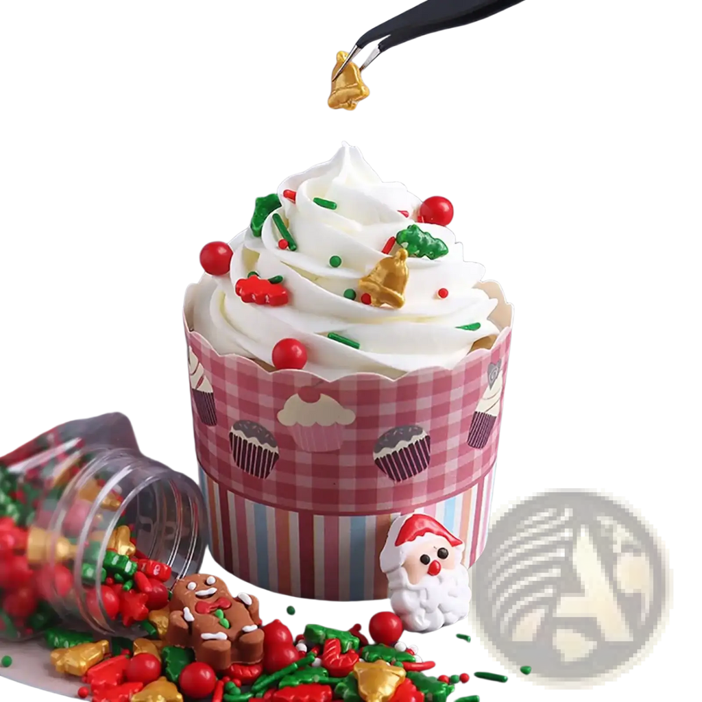 A festive cupcake in a pink and white checkered liner topped with white frosting and colorful Christmas sprinkles mix