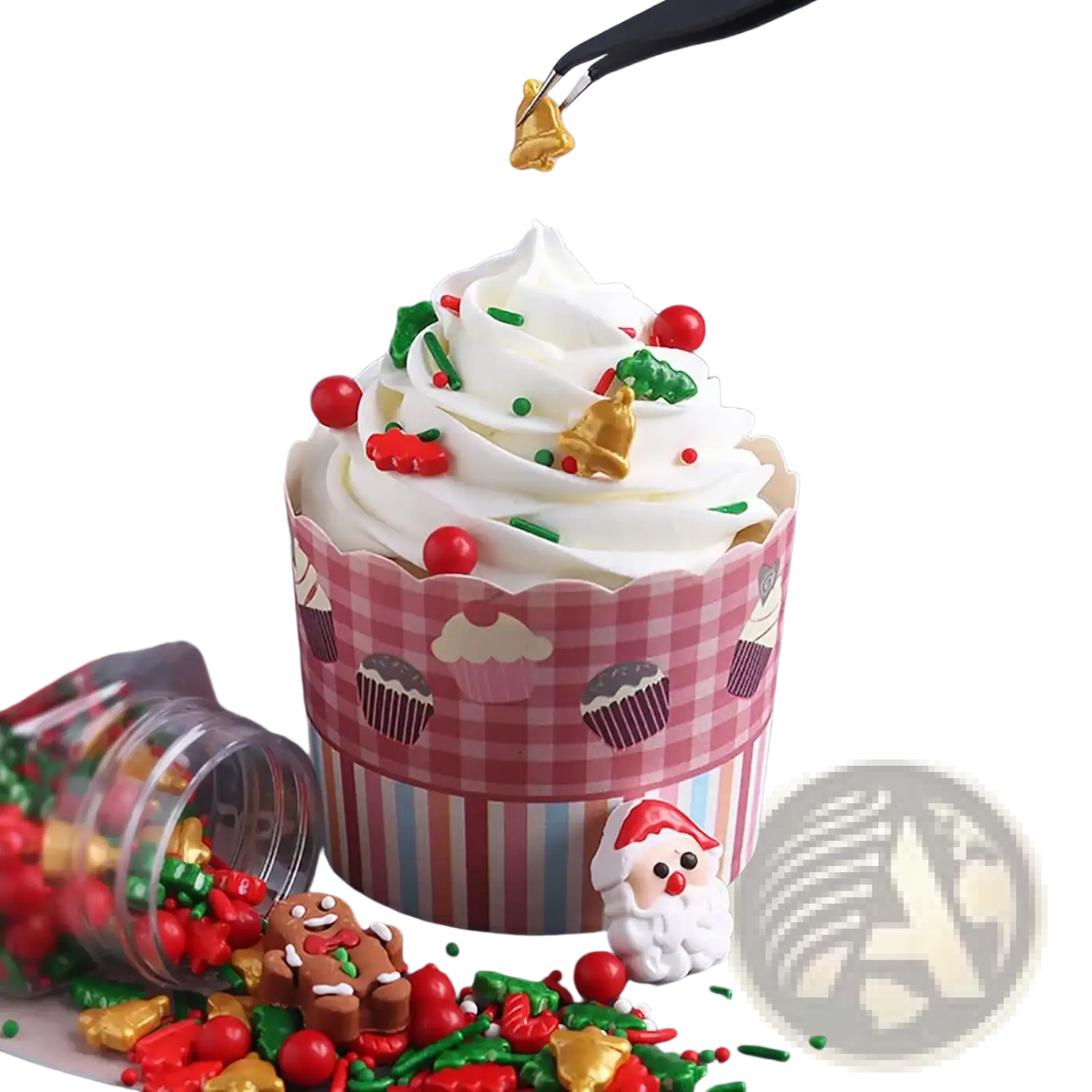 A festive cupcake in a pink and white checkered liner topped with white frosting and colorful Christmas sprinkles mix