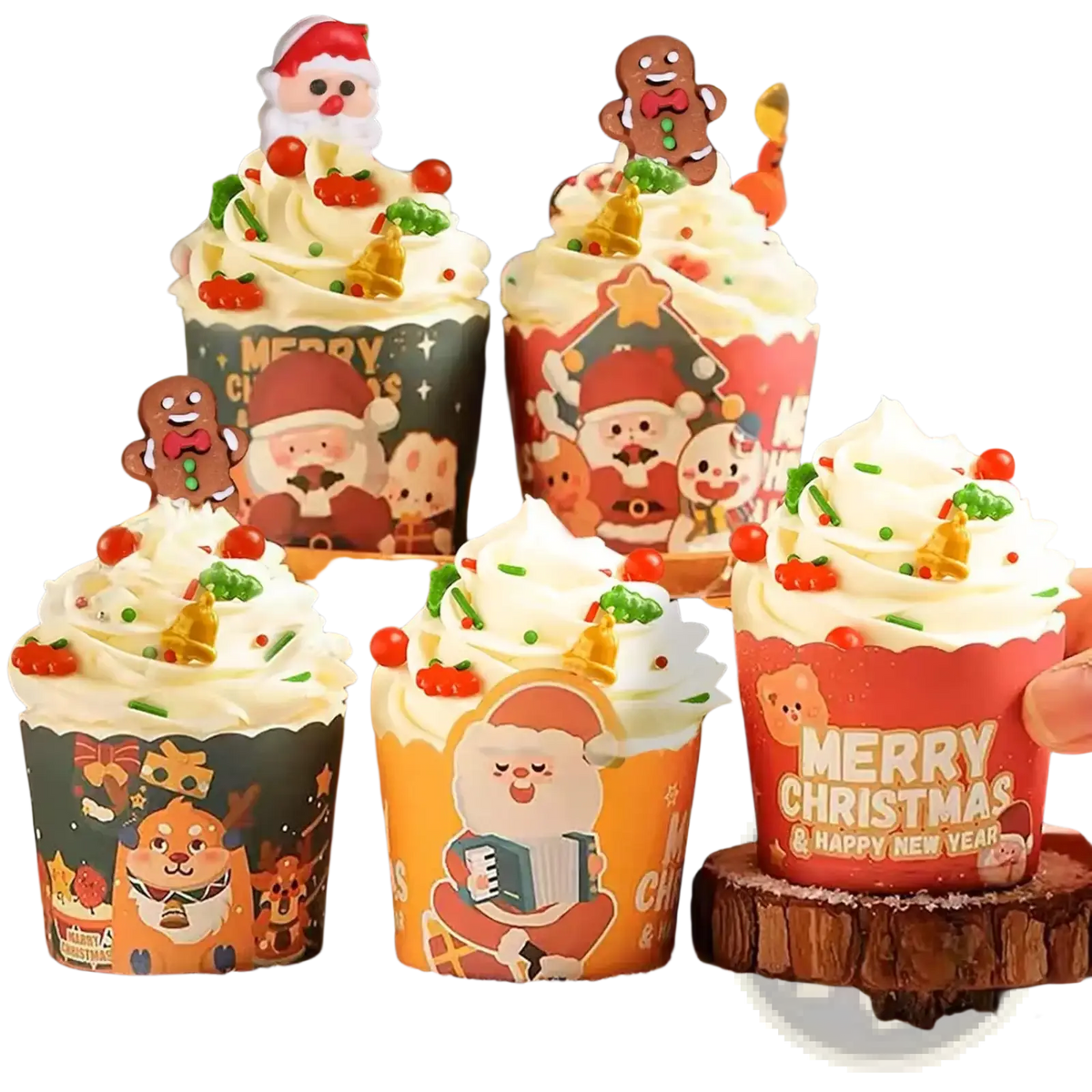 Christmas sprinkles mix holiday baking decorations featuring paper cupcake liners with santa, gingerbread men, and reindeer in red, orange, and green