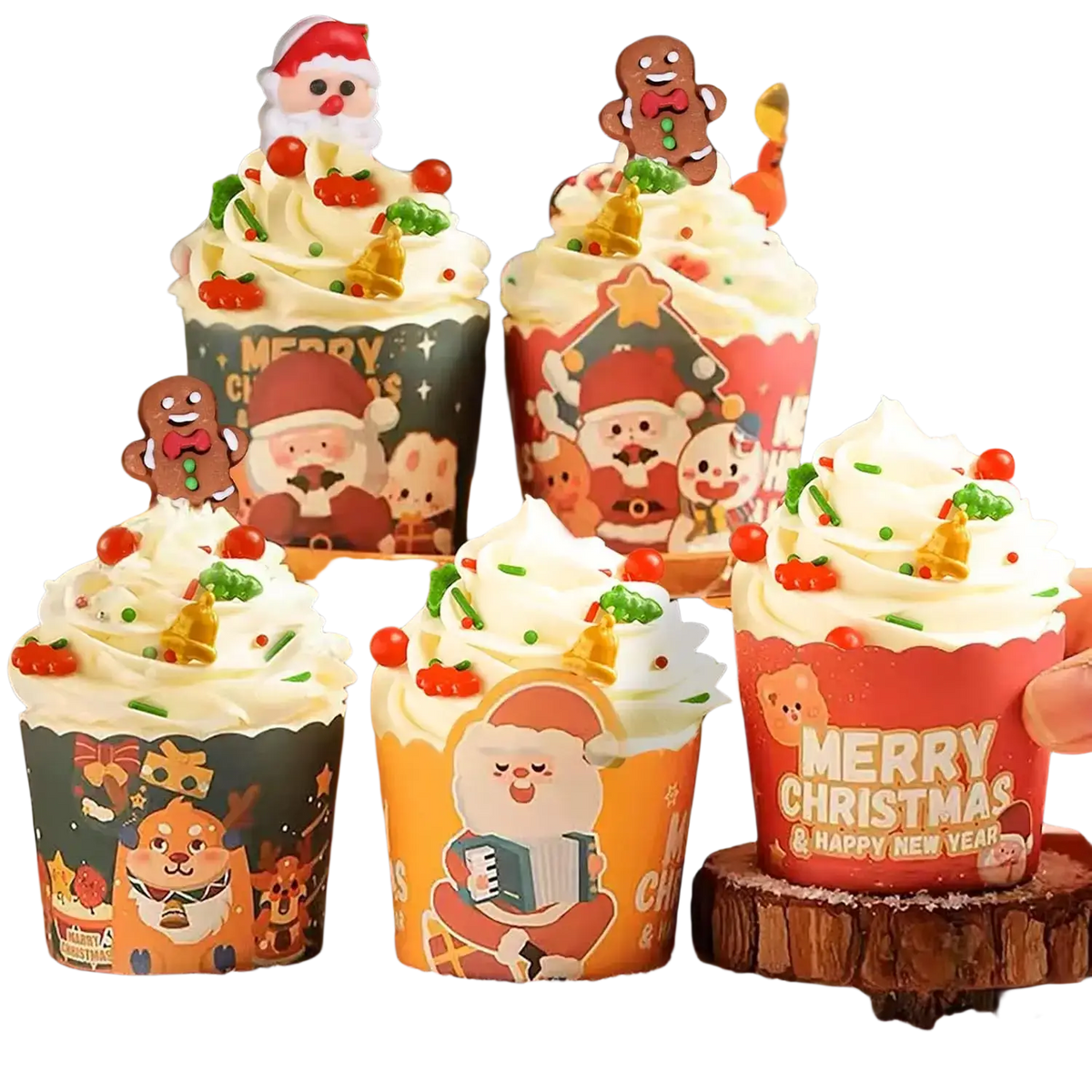 Christmas sprinkles mix holiday baking decorations featuring paper cupcake liners with santa, gingerbread men, and reindeer in red, orange, and green