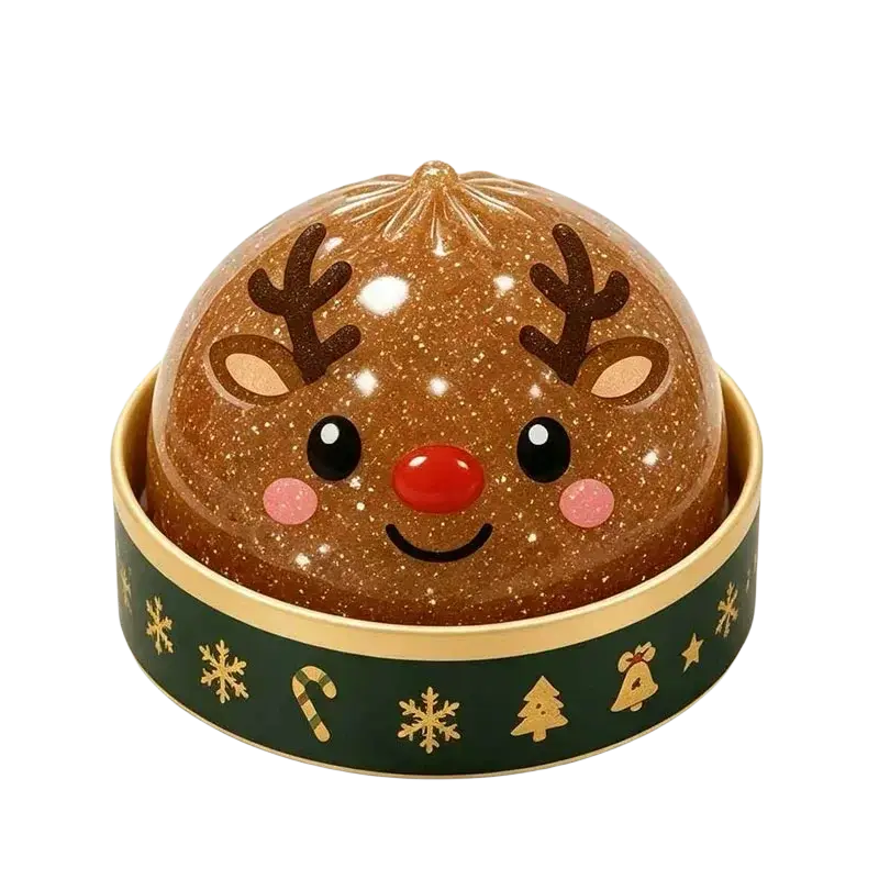 Christmas squeeze toy stress relief dumpling shaped like a cocoa brown glitter jelly reindeer with red nose and pink cheeks