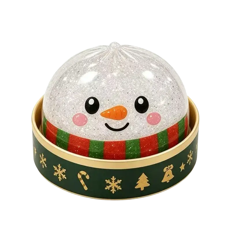 A festive snowman-themed christmas squeeze toy stress relief dumpling with a clear glittery dome and cheerful face