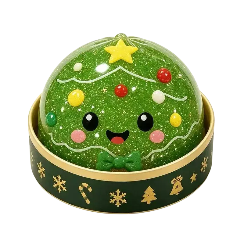 Green glittery christmas tree shaped jelly squeeze toy with smiling face and star topper for stress relief and christmas party