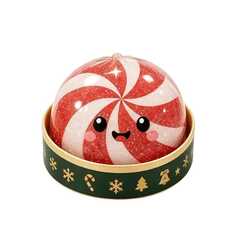 Rosy red glitter jelly candy cane squeeze toy with cute eyes in a festive green tin for stress relief at christmas party