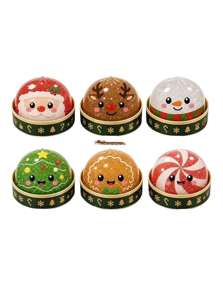 Six festive glittery christmas squeeze toy stress relief dumpling ornaments with cute cartoon faces for christmas party