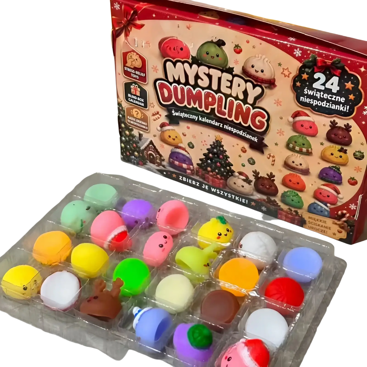 Colorful soft silicone mystery dumpling toys in a festive advent calendar box for a christmas mystery surprise gift