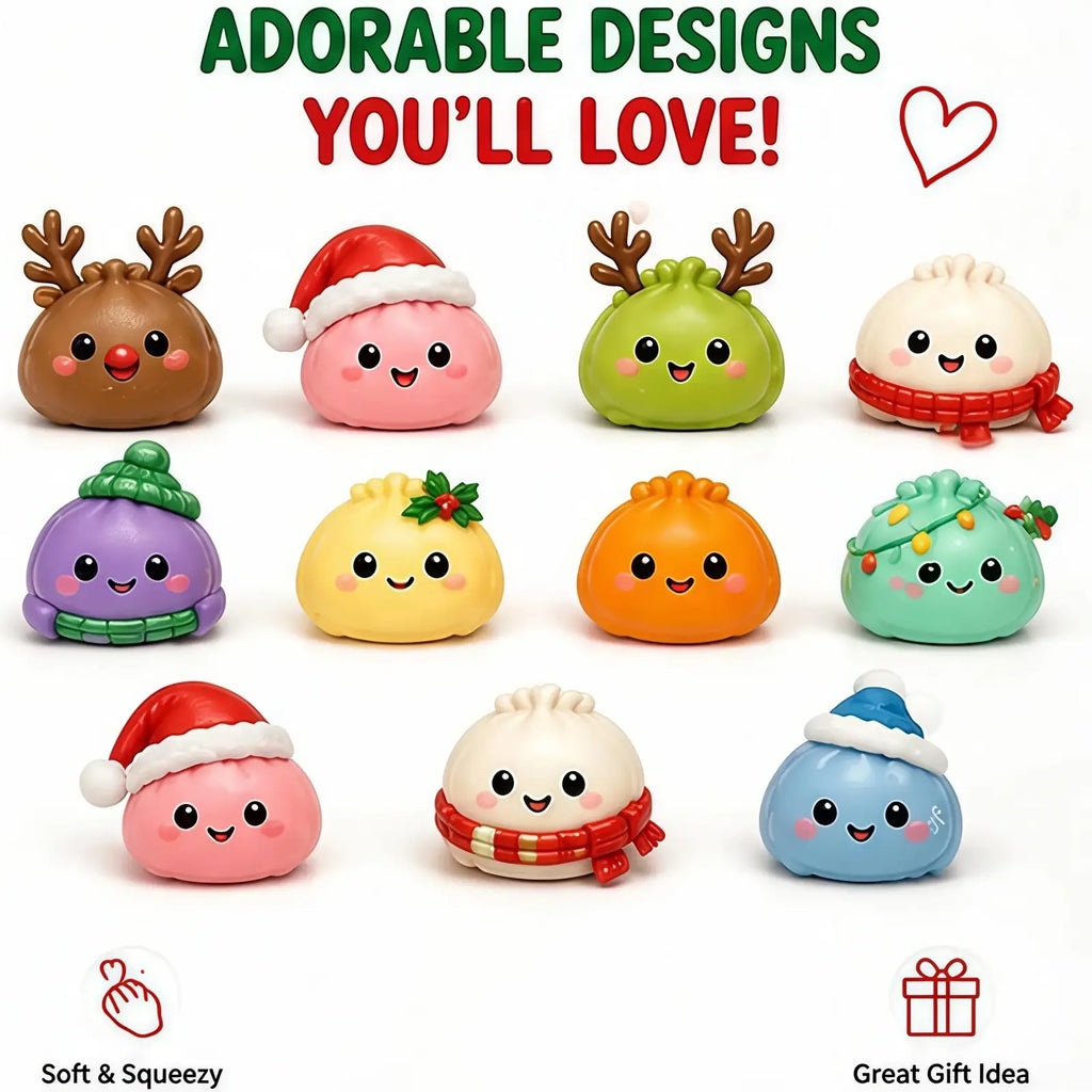 Cute pastel dumpling-shaped soft squishy figurines with festive accessories in christmas squishy advent calendar mystery surprise gift