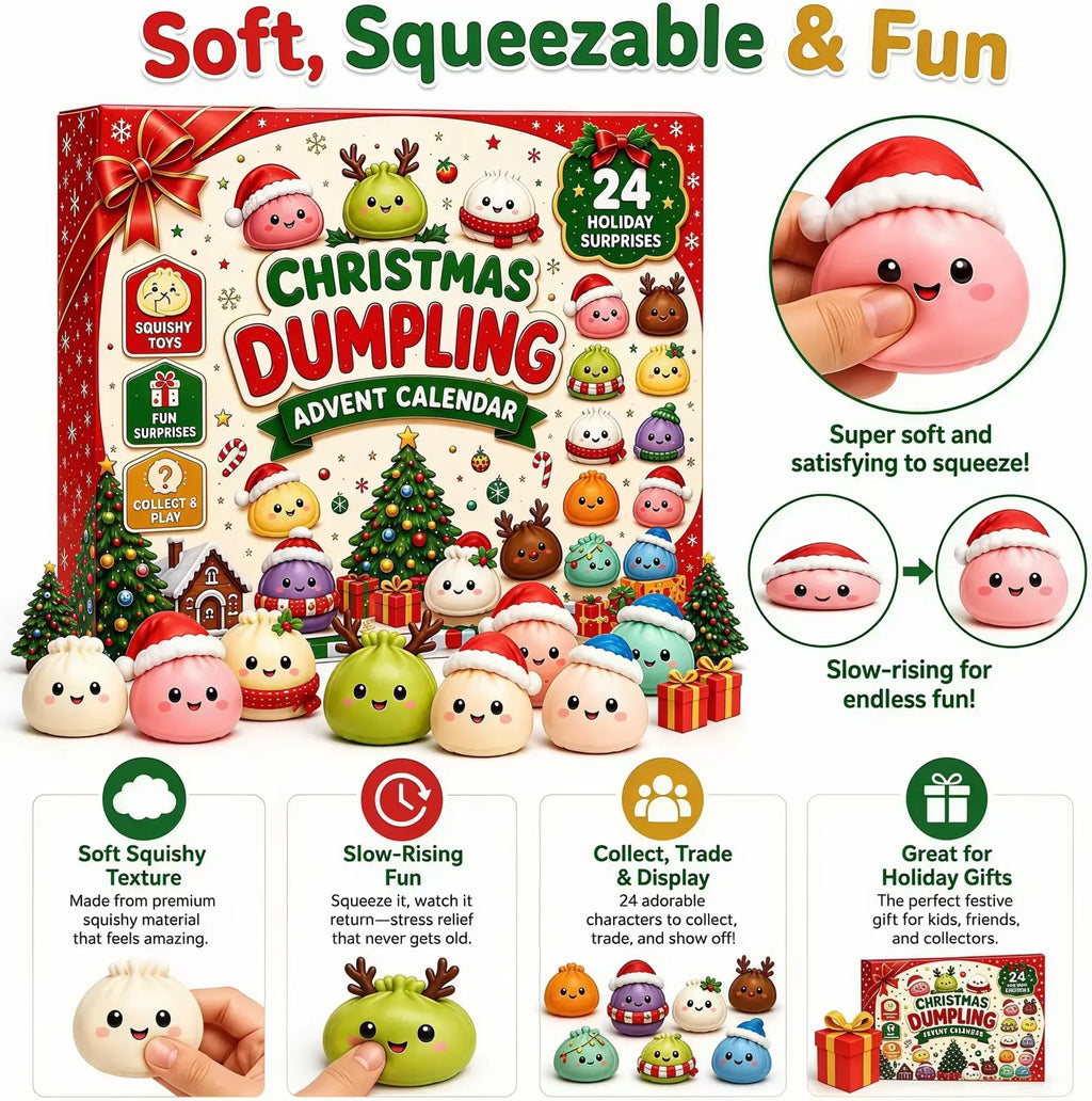 Pink soft squishy christmas dumpling toy with smiling face and santa hat for advent calendar mystery surprise gift