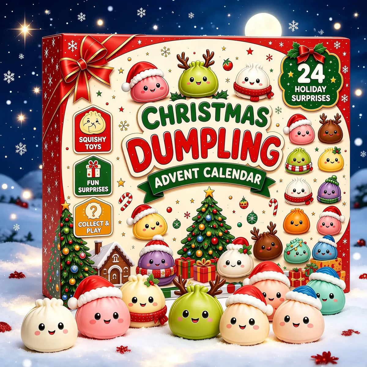 Red and white christmas squidgy advent calendar with 24 mystery surprise gifts featuring colorful dumplings in santa hats