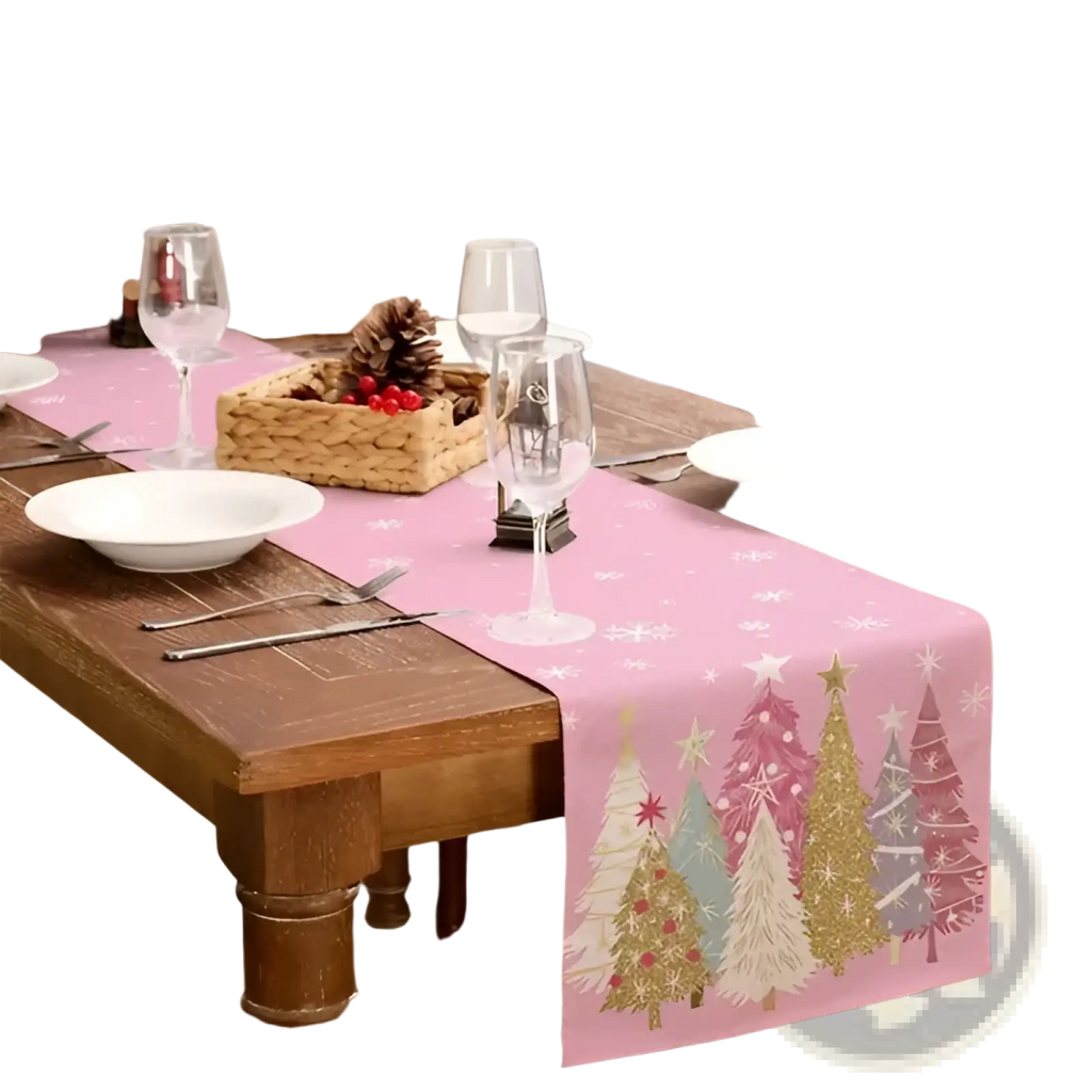 Christmas table runner 13x72 pink with embroidered gold green and beige pine trees and snowflakes holiday decor