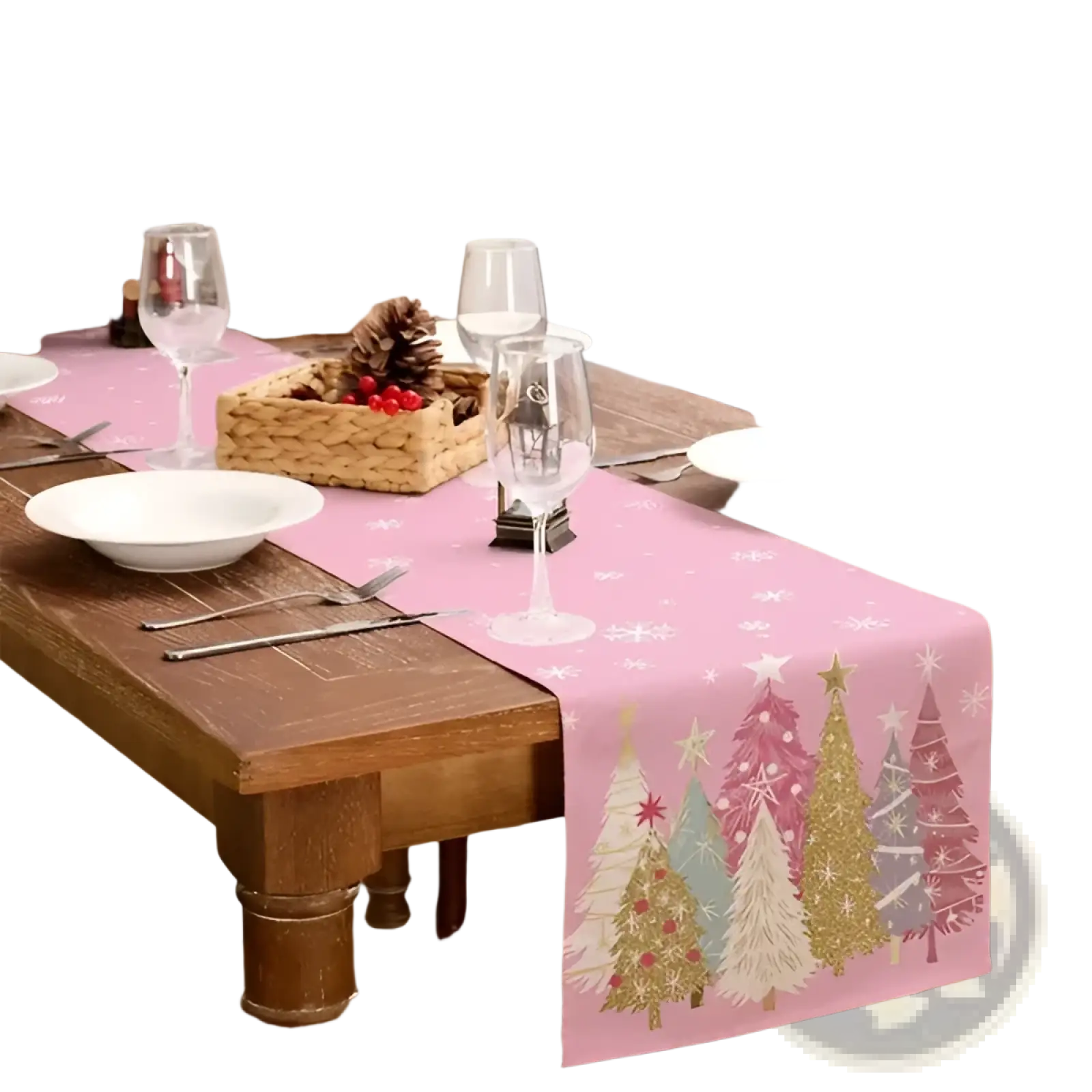 Christmas table runner 13x72 pink with embroidered gold green and beige pine trees and snowflakes holiday decor