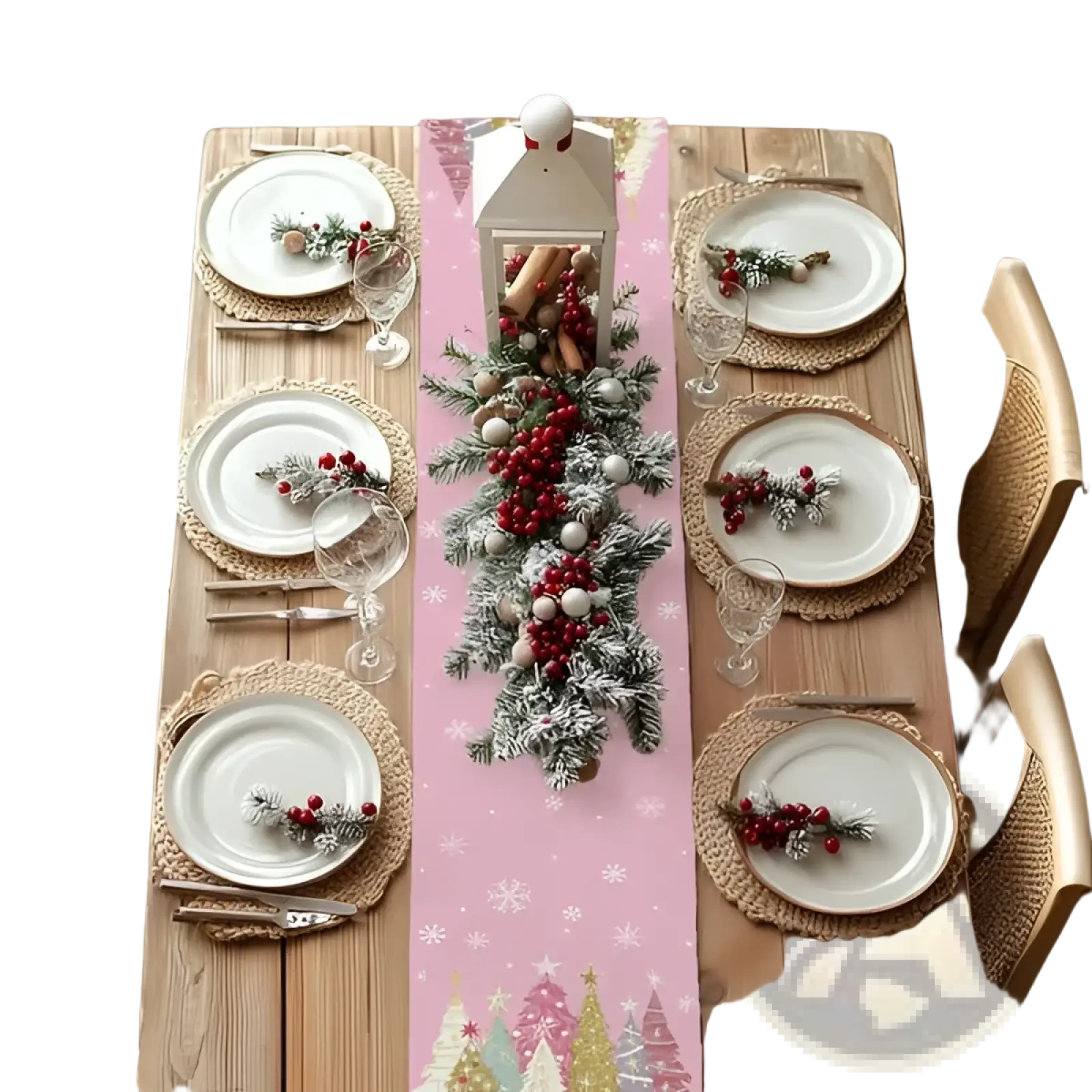 Christmas table runner 13x72 with frosted green and red berry garland and snowflake pattern for holiday decor