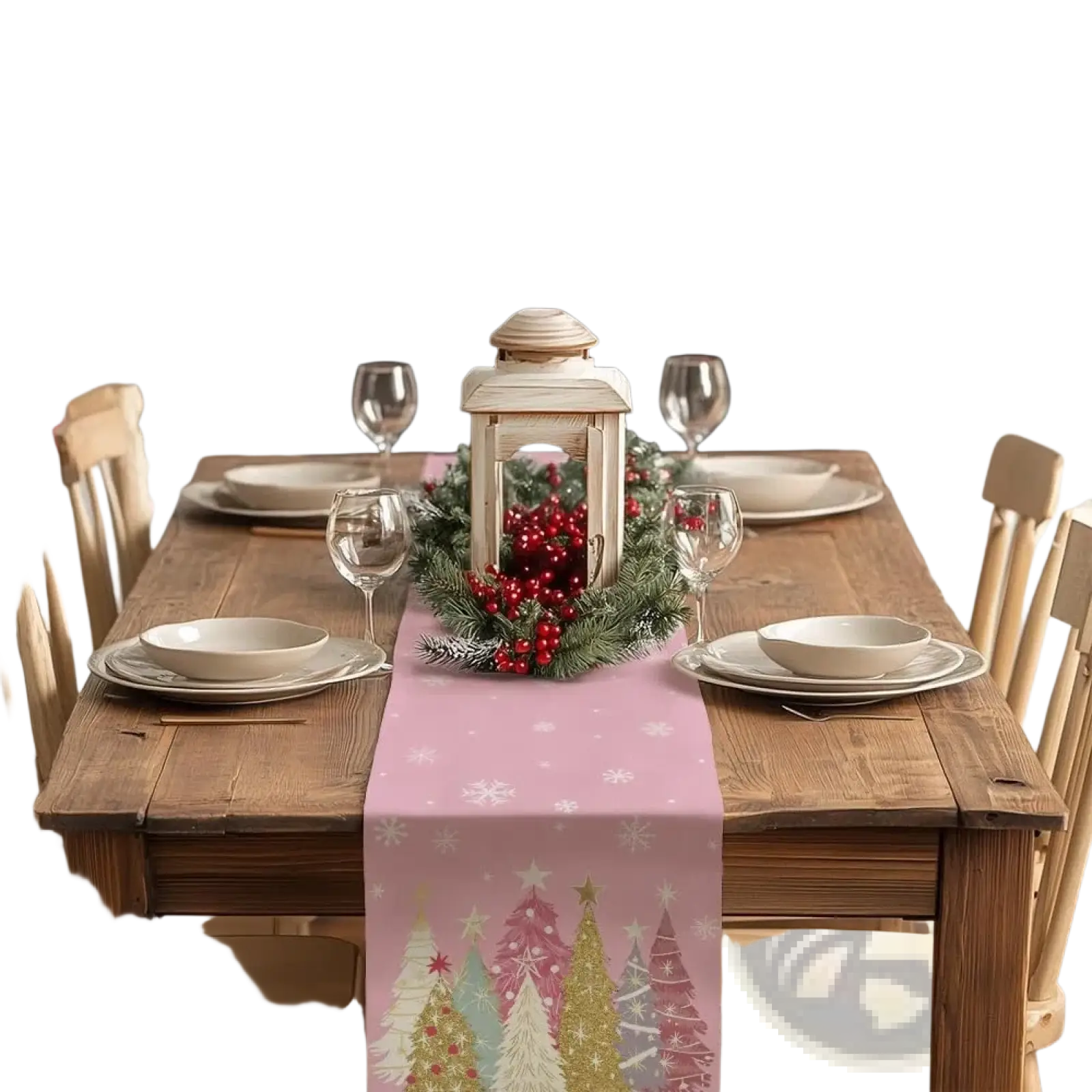 Pink christmas table runner 13x72 with colorful pine trees and snowflakes holiday pattern for festive decor