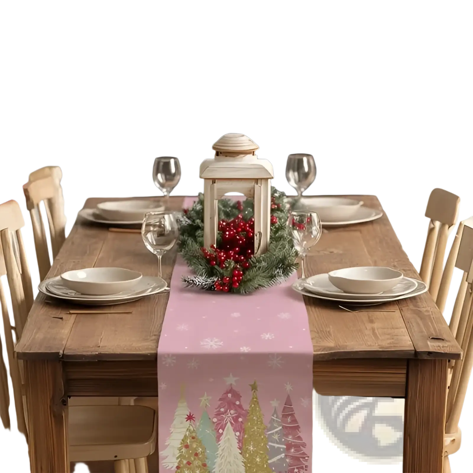 Pink christmas table runner 13x72 with holiday tree and snowflake patterns for festive decor