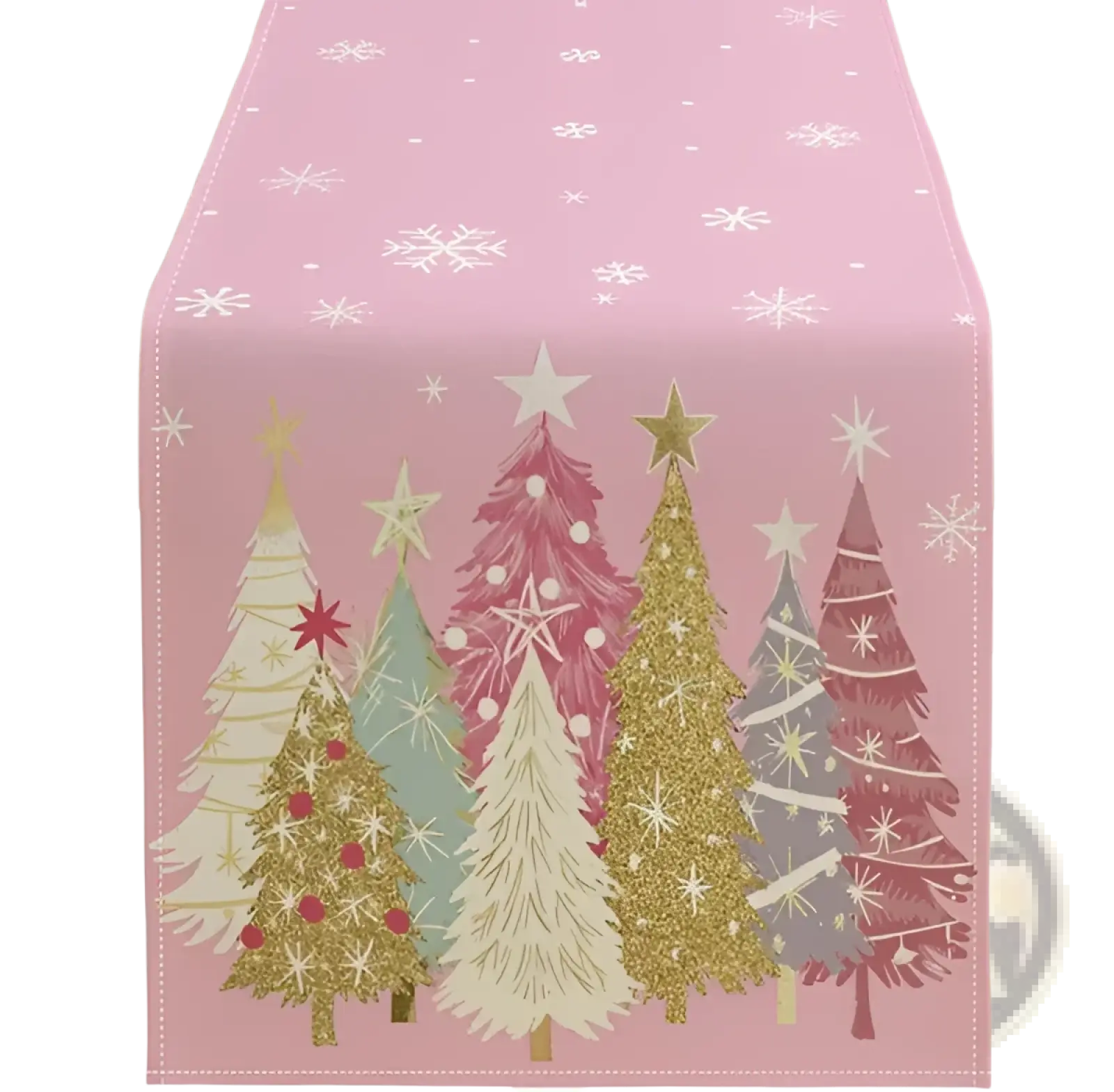 Pink christmas table runner 13x72 featuring glittery gold red and teal holiday trees with stars and snowflakes