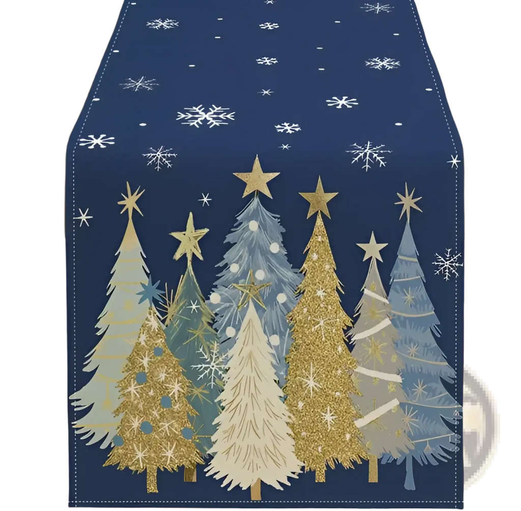Christmas table runner 13x72 navy blue with glittery gold and teal Christmas trees snowflakes and white dots design