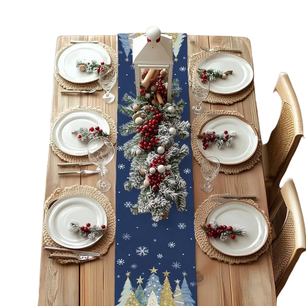 Christmas table runner navy blue 13x72 with snowflake patterns, frosted pine branches, red berries, and white ornaments