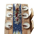Christmas table runner navy blue 13x72 with snowflake patterns, frosted pine branches, red berries, and white ornaments