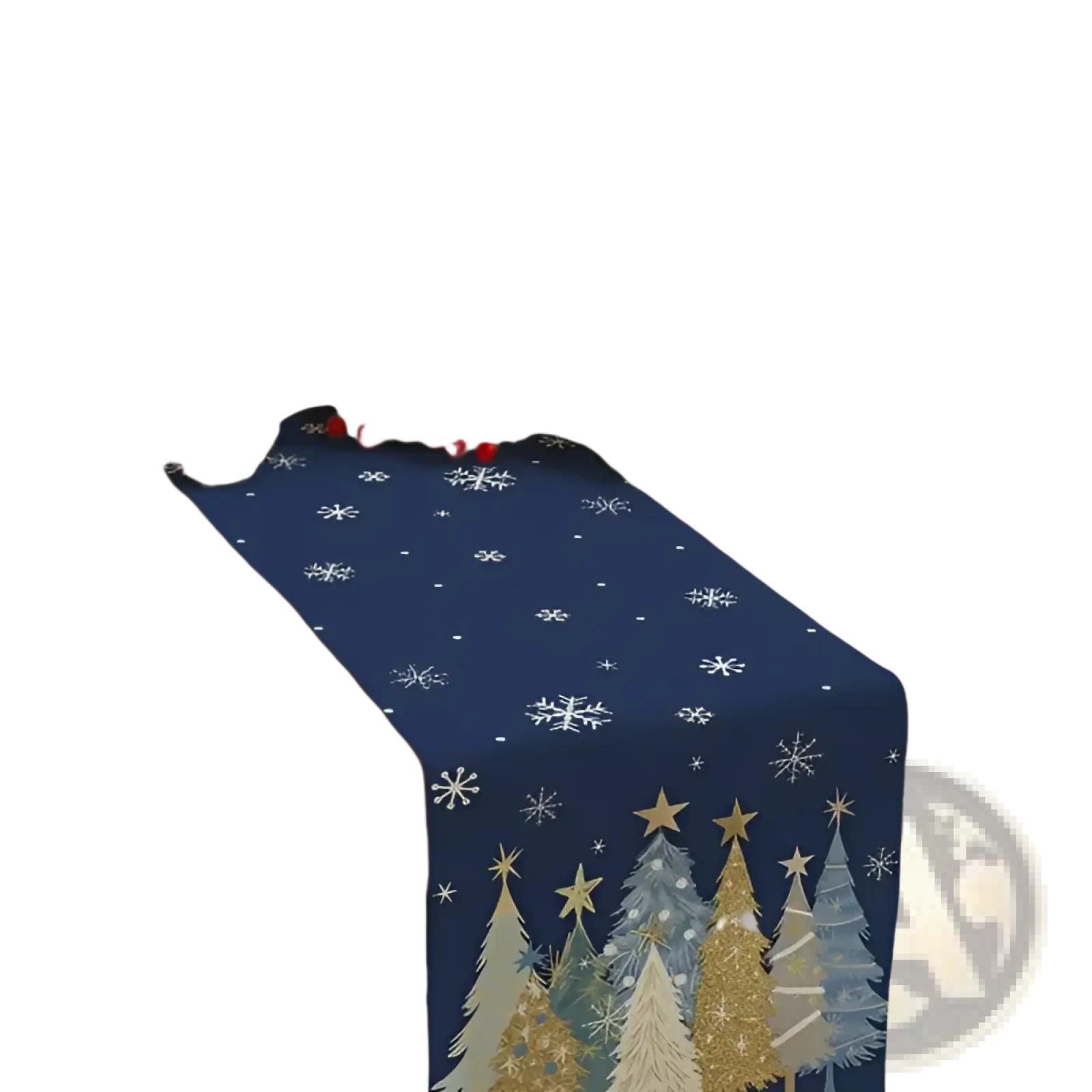 Christmas table runner 13x72 navy blue with white snowflakes and gold beige silver pine trees adorned with stars
