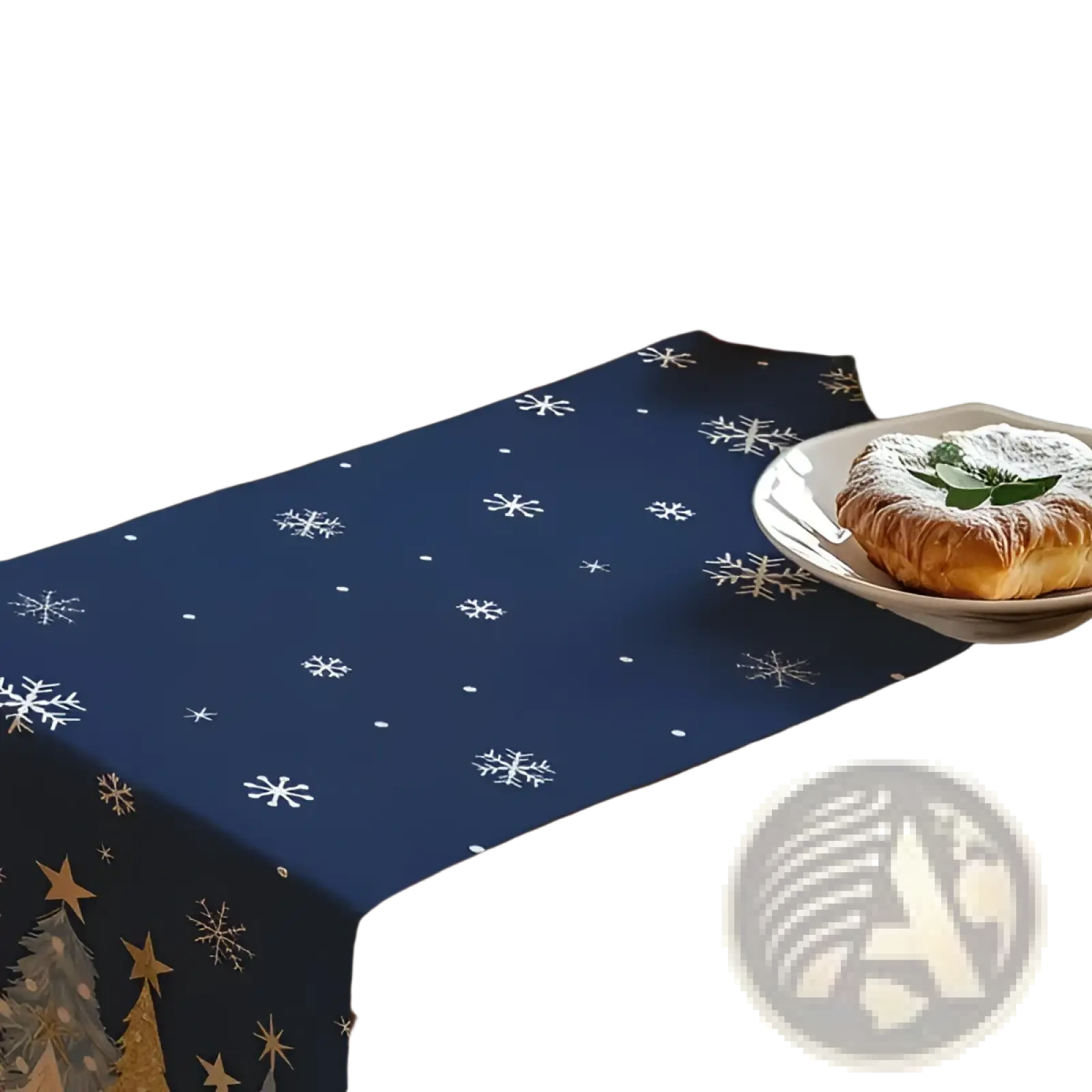 Christmas table runner 13x72 in navy blue with white and gold snowflake tree patterns for holiday decor