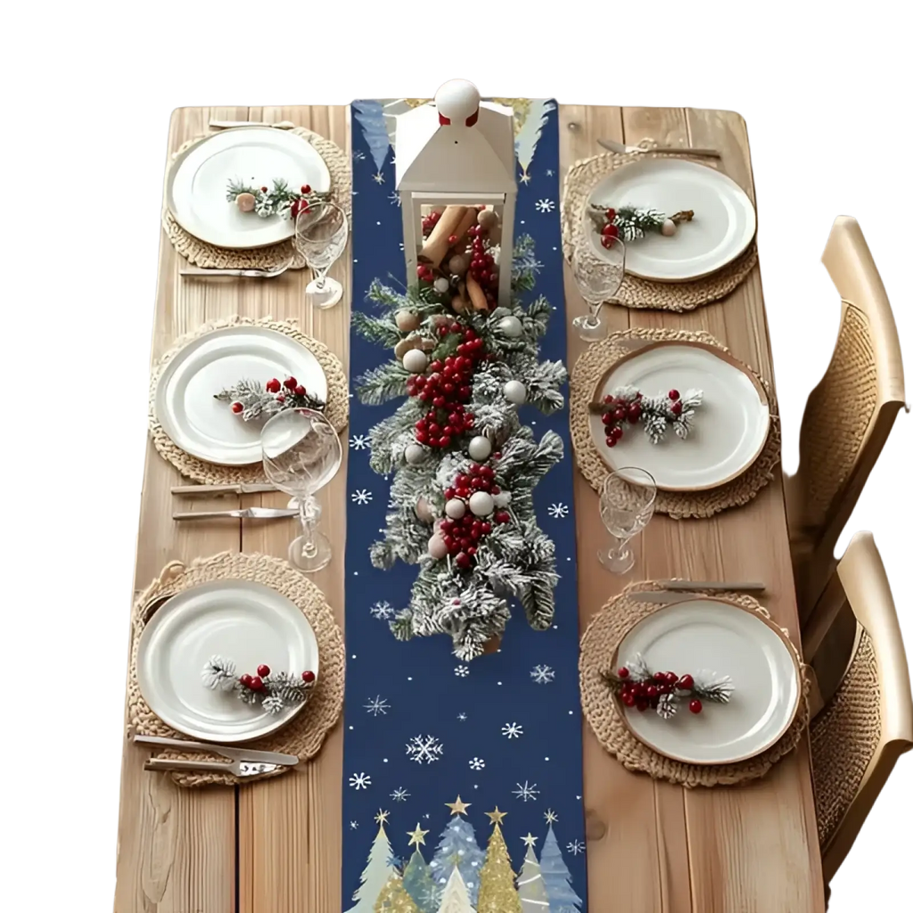 Christmas table runner navy blue with snowflake patterns frosted pine branches red berries and golden trees 13x72 inches