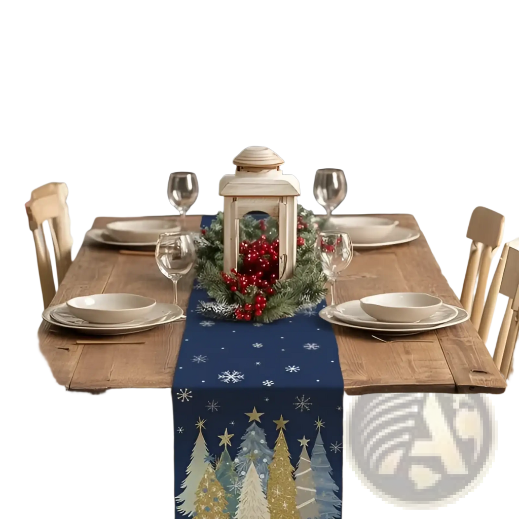 Navy blue christmas table runner 13x72 with white and gold snowflakes pine trees and stars for holiday decor