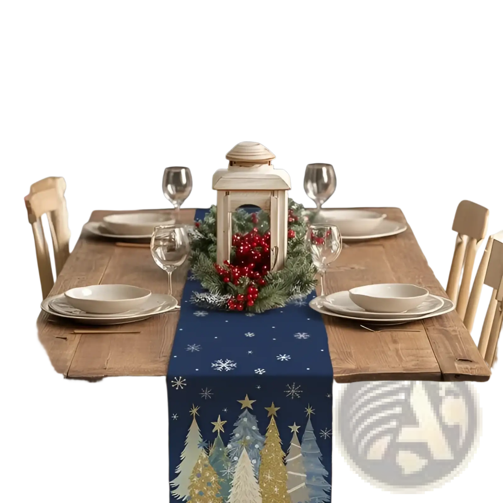 Navy blue christmas table runner 13x72 with white and gold snowflakes pine trees and stars for holiday decor