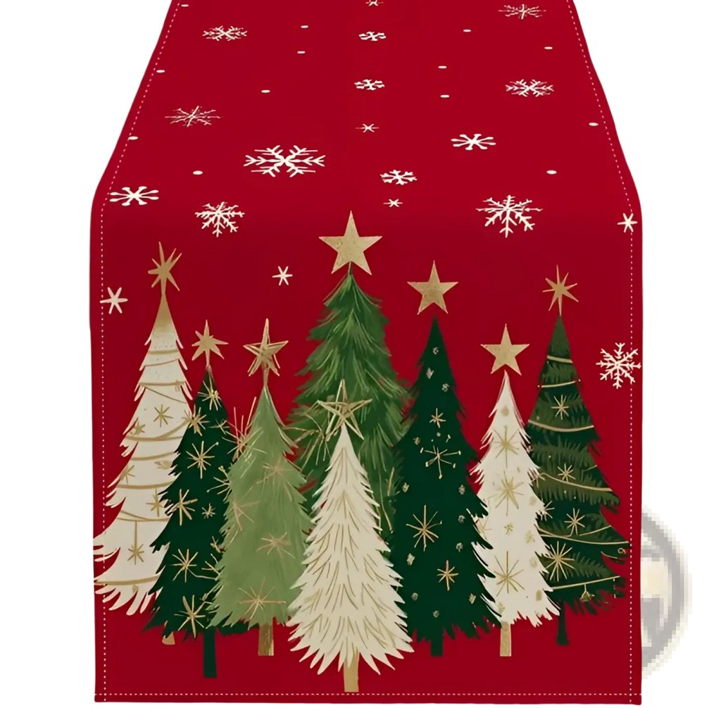 Christmas table runner 13x72 red featuring embroidered green and white pine trees with gold stars and snowflakes
