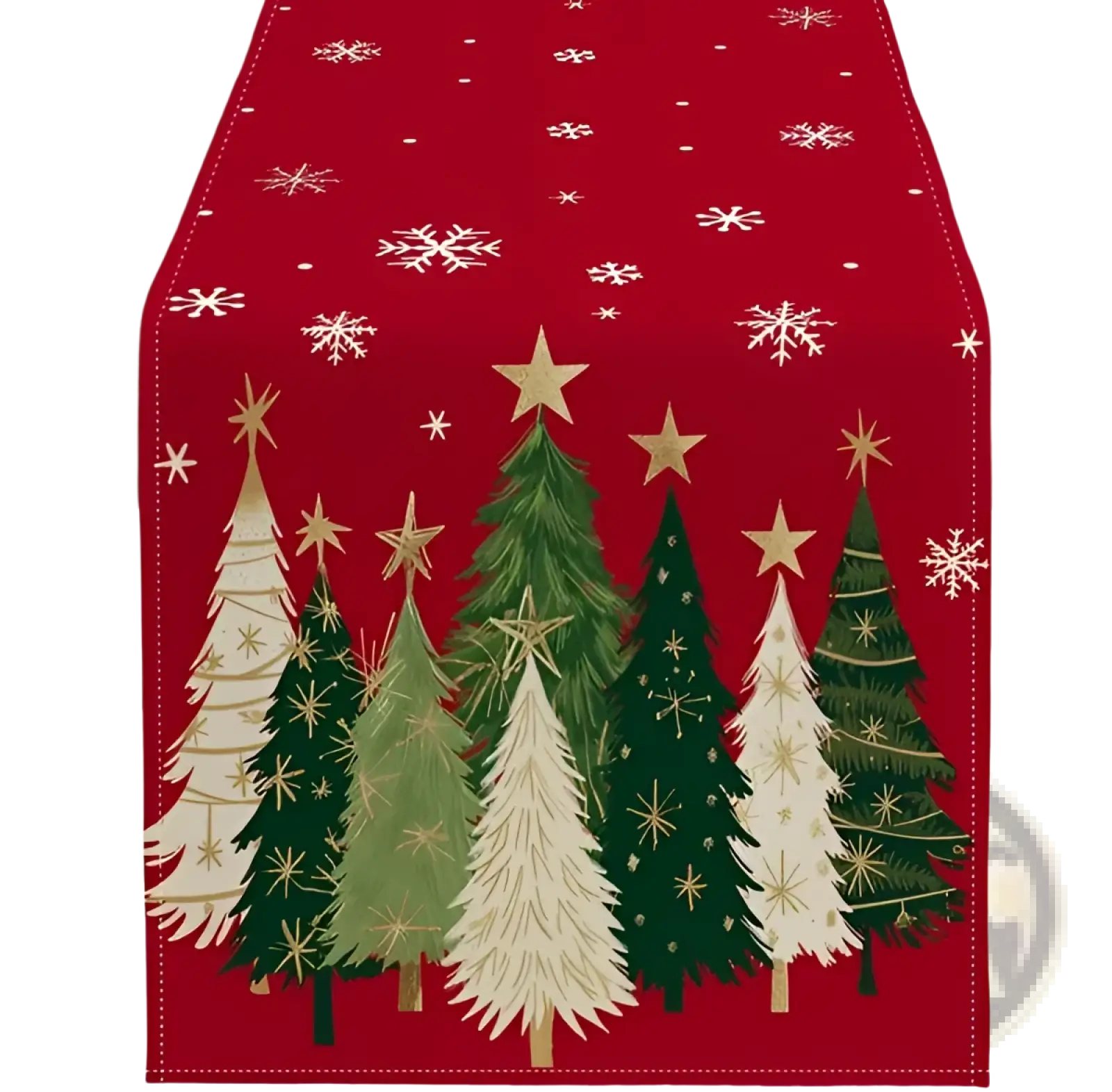 Christmas table runner 13x72 red featuring embroidered green and white pine trees with gold stars and snowflakes