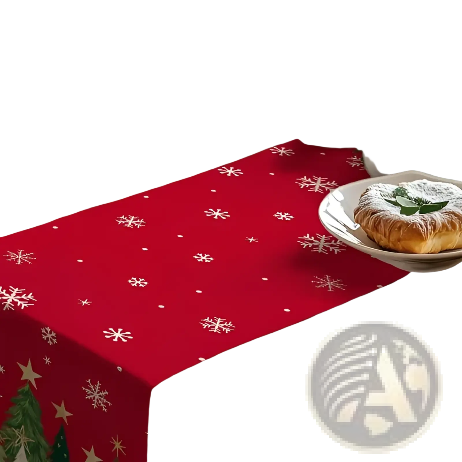 Christmas table runner 13x72 red fabric with white snowflakes and green pine trees for holiday decor