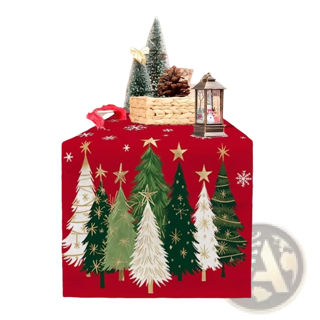 Christmas table runner 13x72 red featuring a festive pattern of green and white pine trees with gold star accents