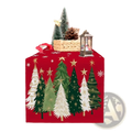 Christmas table runner 13x72 red featuring a festive pattern of green and white pine trees with gold star accents