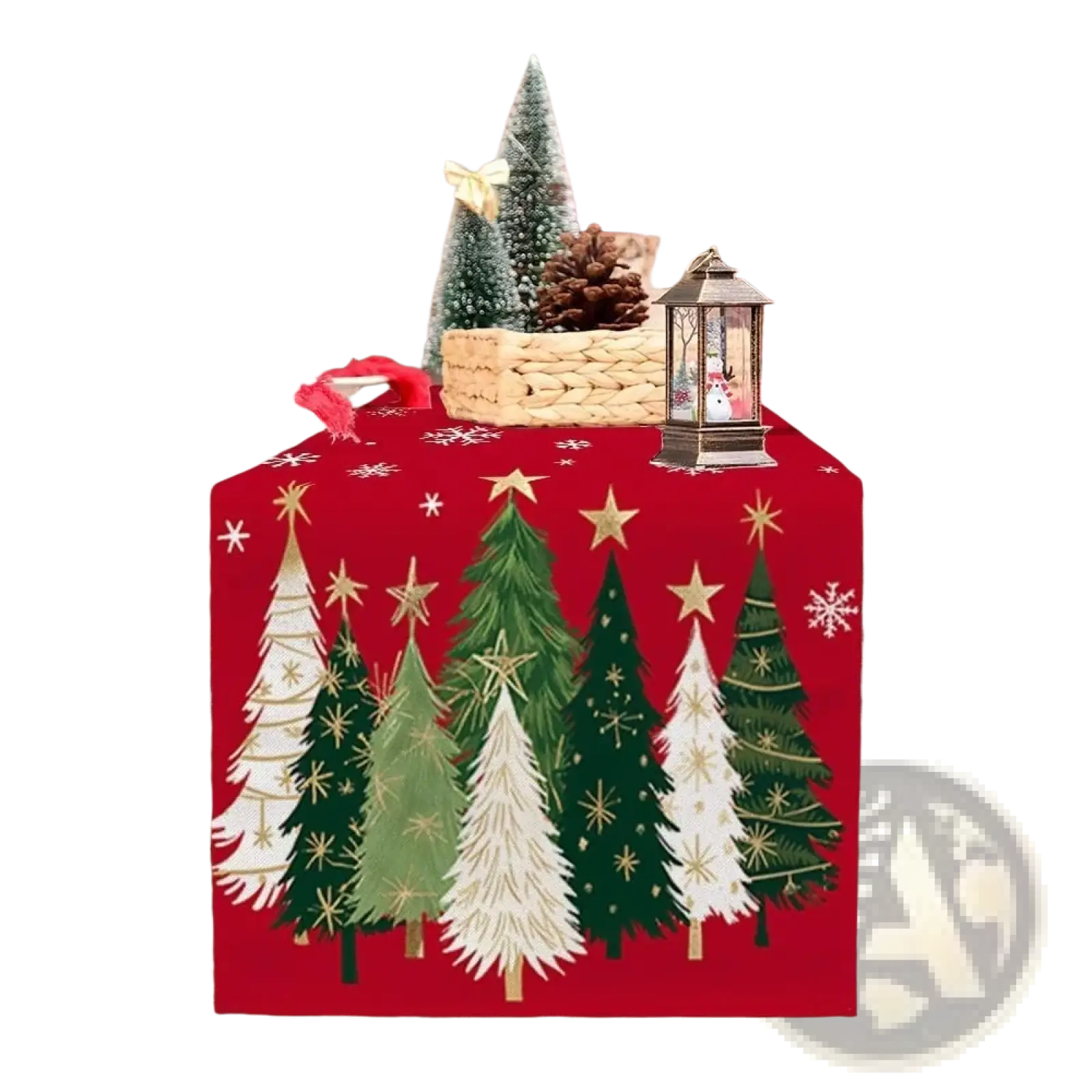 Christmas table runner 13x72 red featuring a festive pattern of green and white pine trees with gold star accents