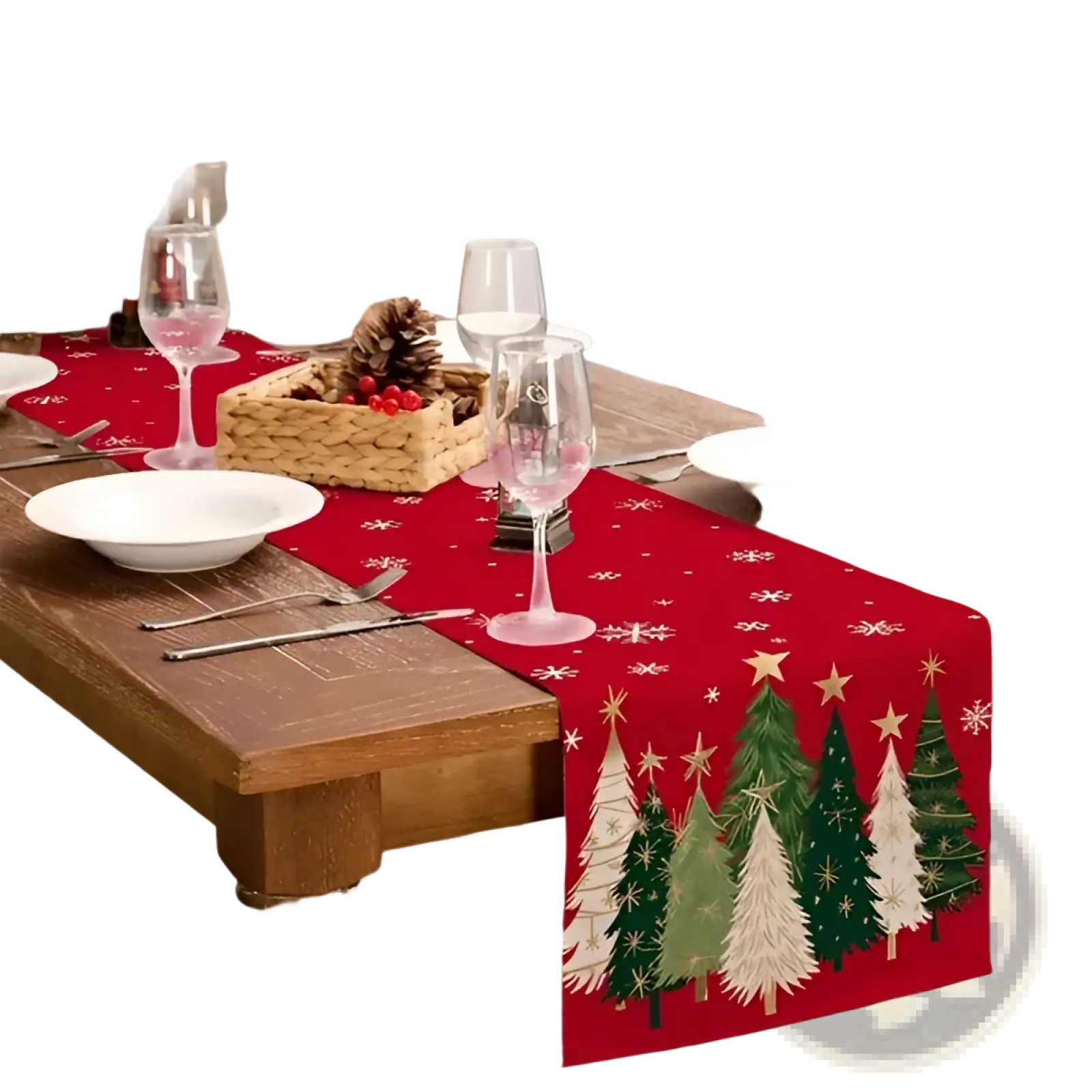 Christmas table runner 13x72 red featuring embroidered green and white pine trees with gold star accents