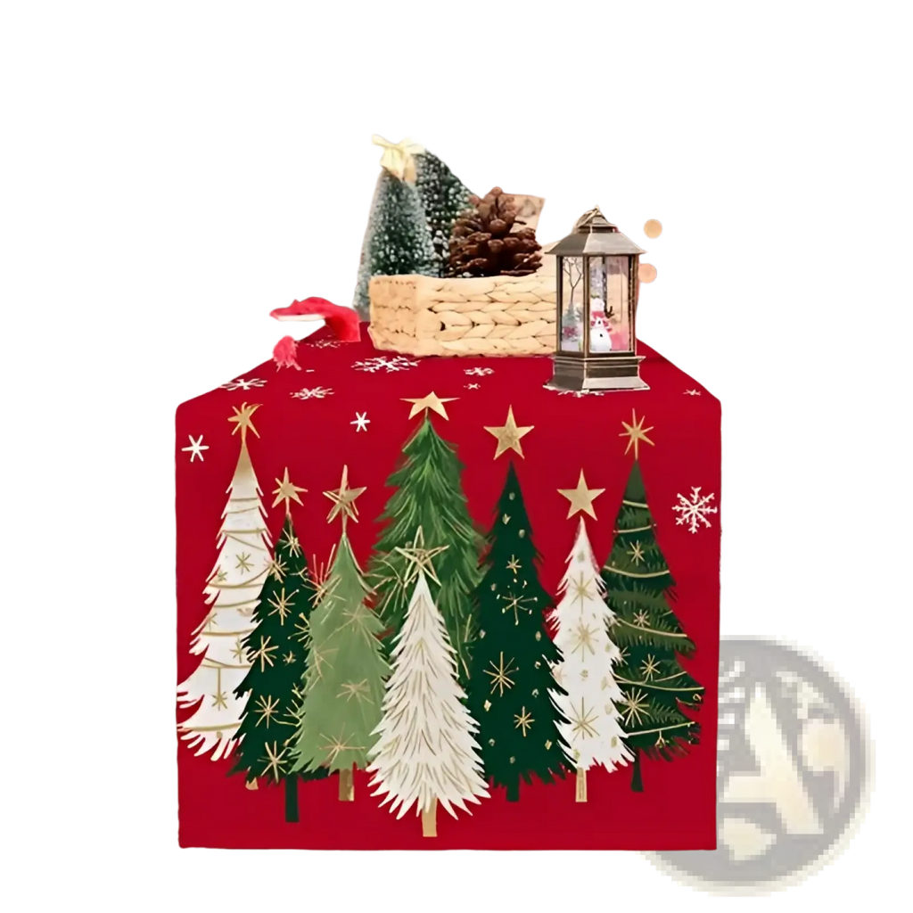 Red christmas table runner 13x72 featuring embroidered green and white pine trees with gold star accents