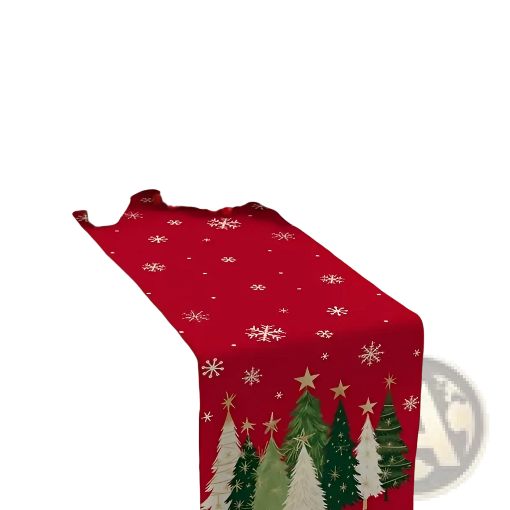 Christmas table runner 13x72 red fabric with white snowflakes and green pine trees printed for holiday decor