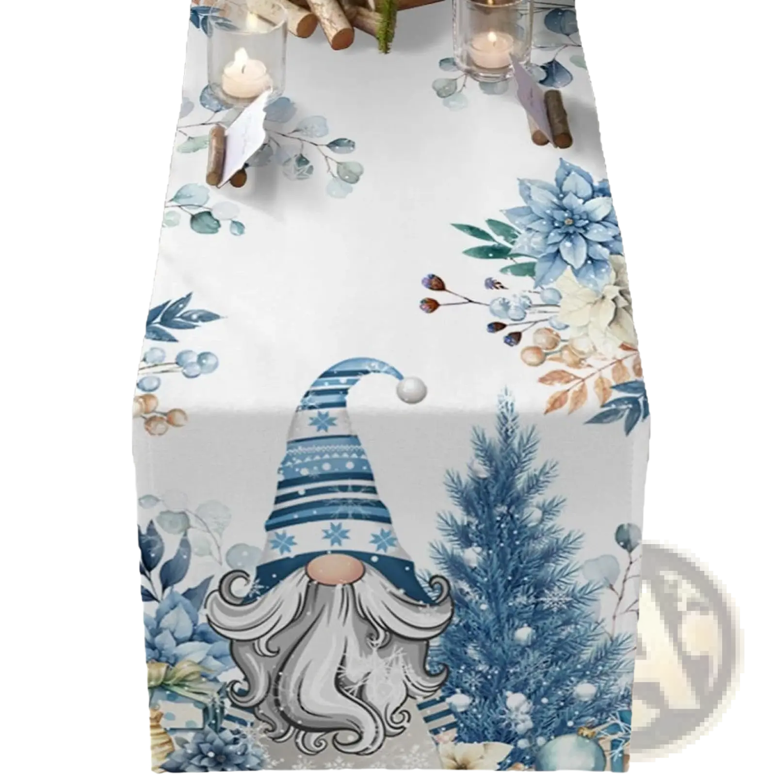 Blue and white watercolor-style gnome with striped hat and long beard on festive foliage christmas table runner 183x33