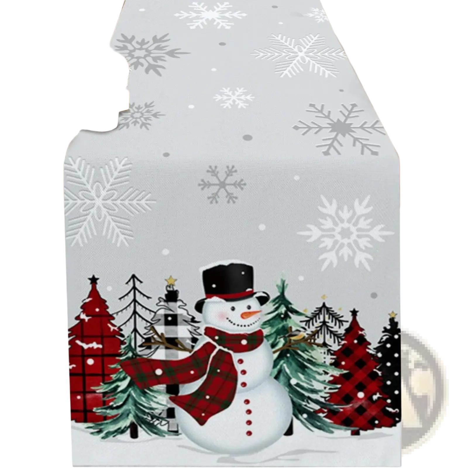 Christmas table runner festive holiday decor 183x33 featuring white snowman with red plaid scarf and black top hat