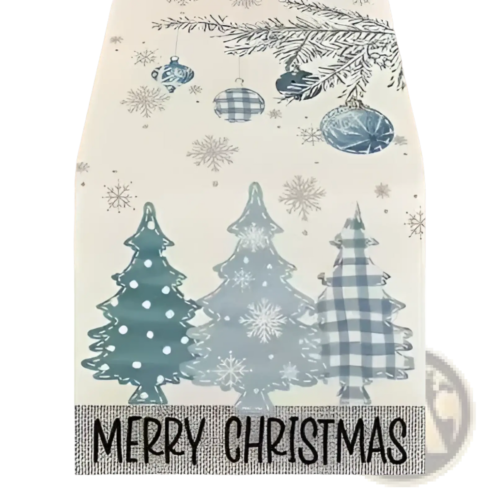 Christmas table runner festive holiday decor cream with three plaid evergreen trees and merry christmas text 183x33