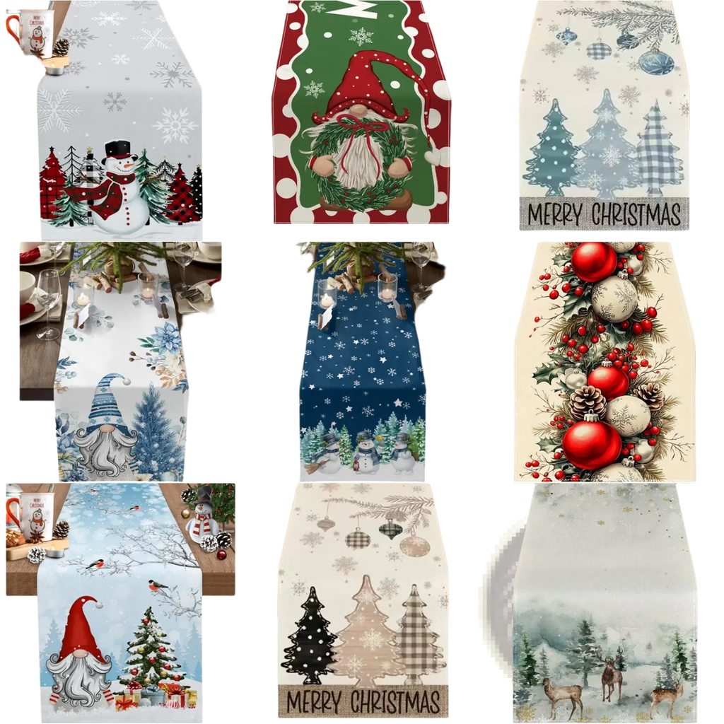 Christmas table runner festive holiday decor 183x33 featuring snowmen gnomes pine trees and ornaments in red green blue beige and white