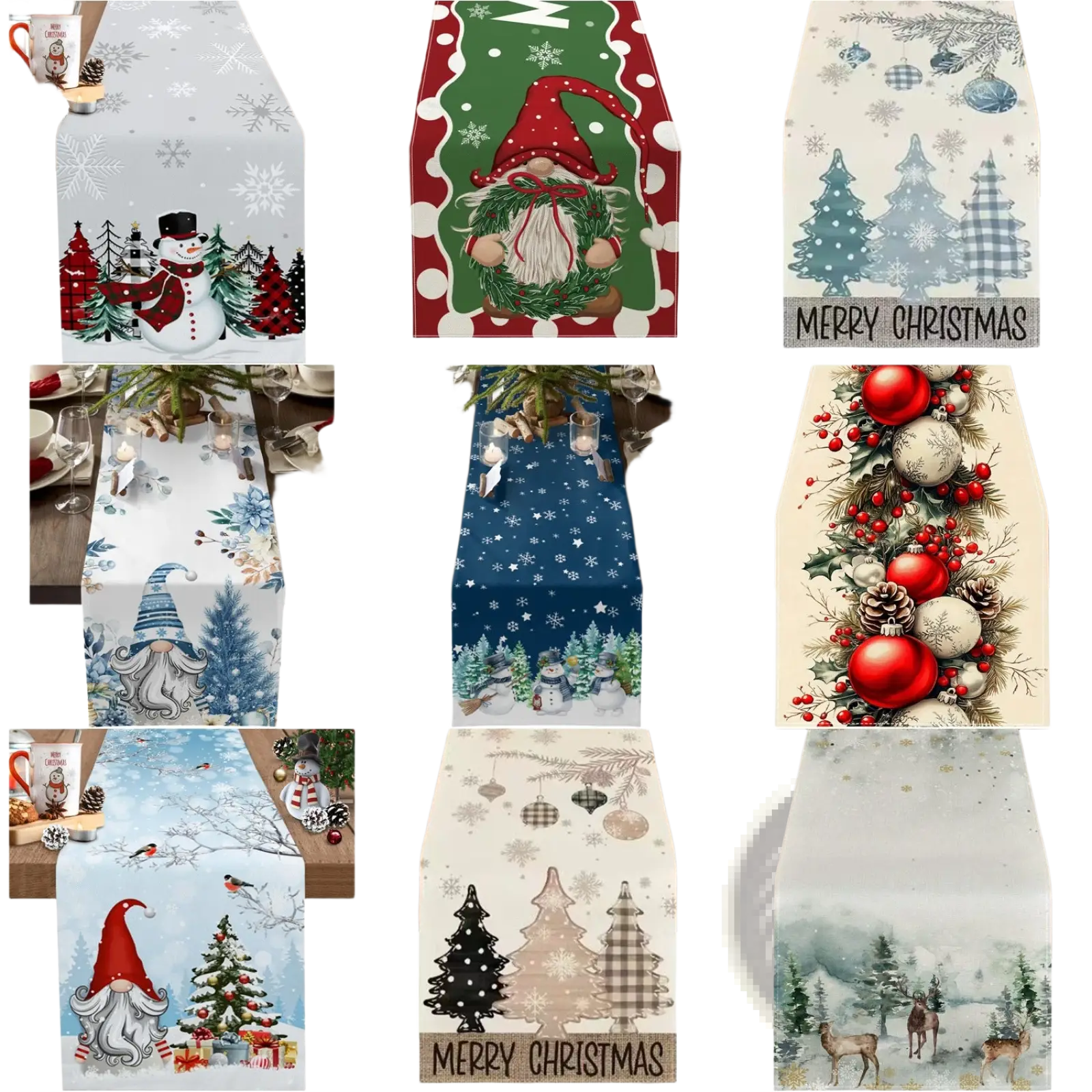 Christmas table runner festive holiday decor 183x33 featuring snowmen gnomes pine trees and ornaments in red green blue beige and white