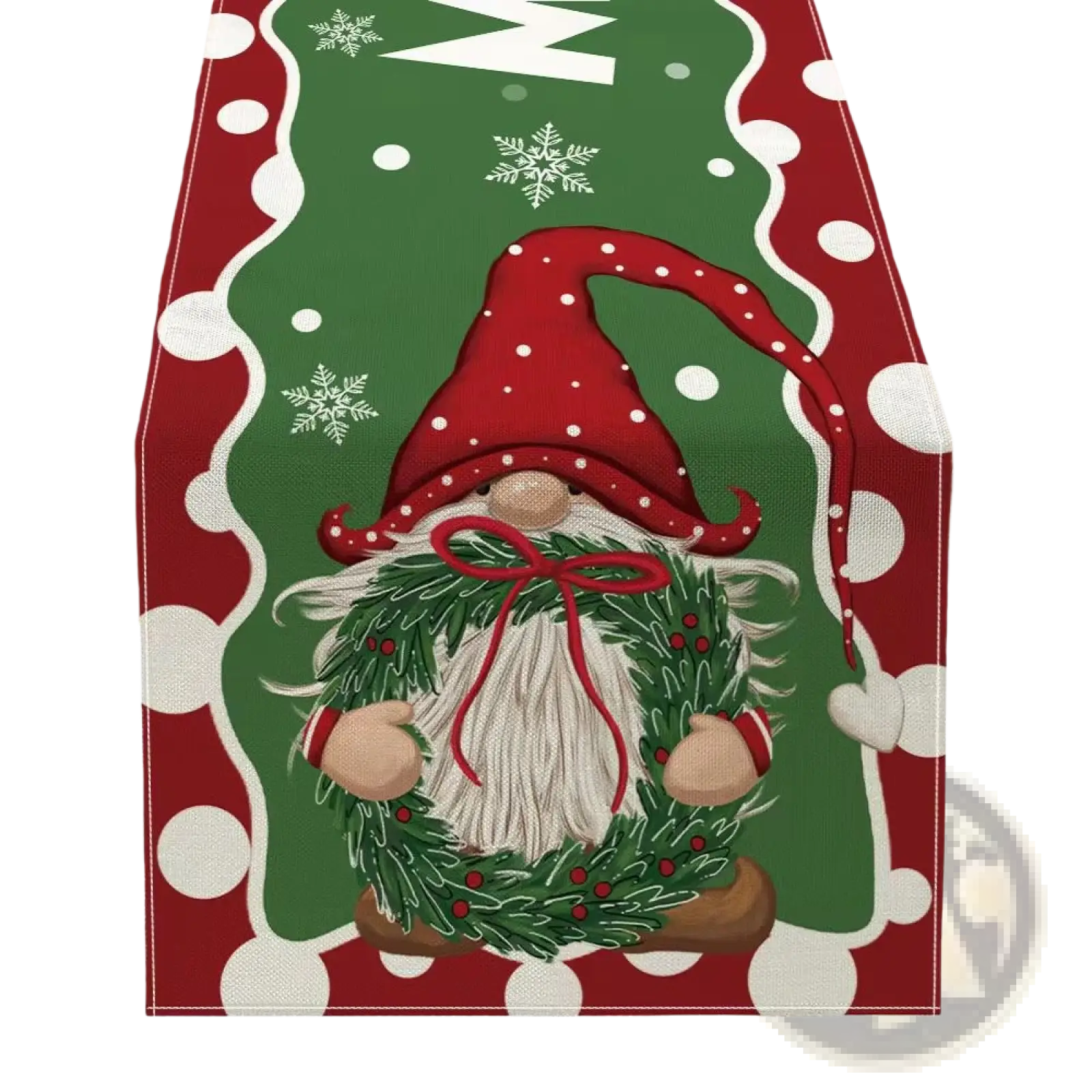 Christmas table runner festive holiday decor 183x33 featuring a cheerful gnome with a dotted hat and wreath in red and green