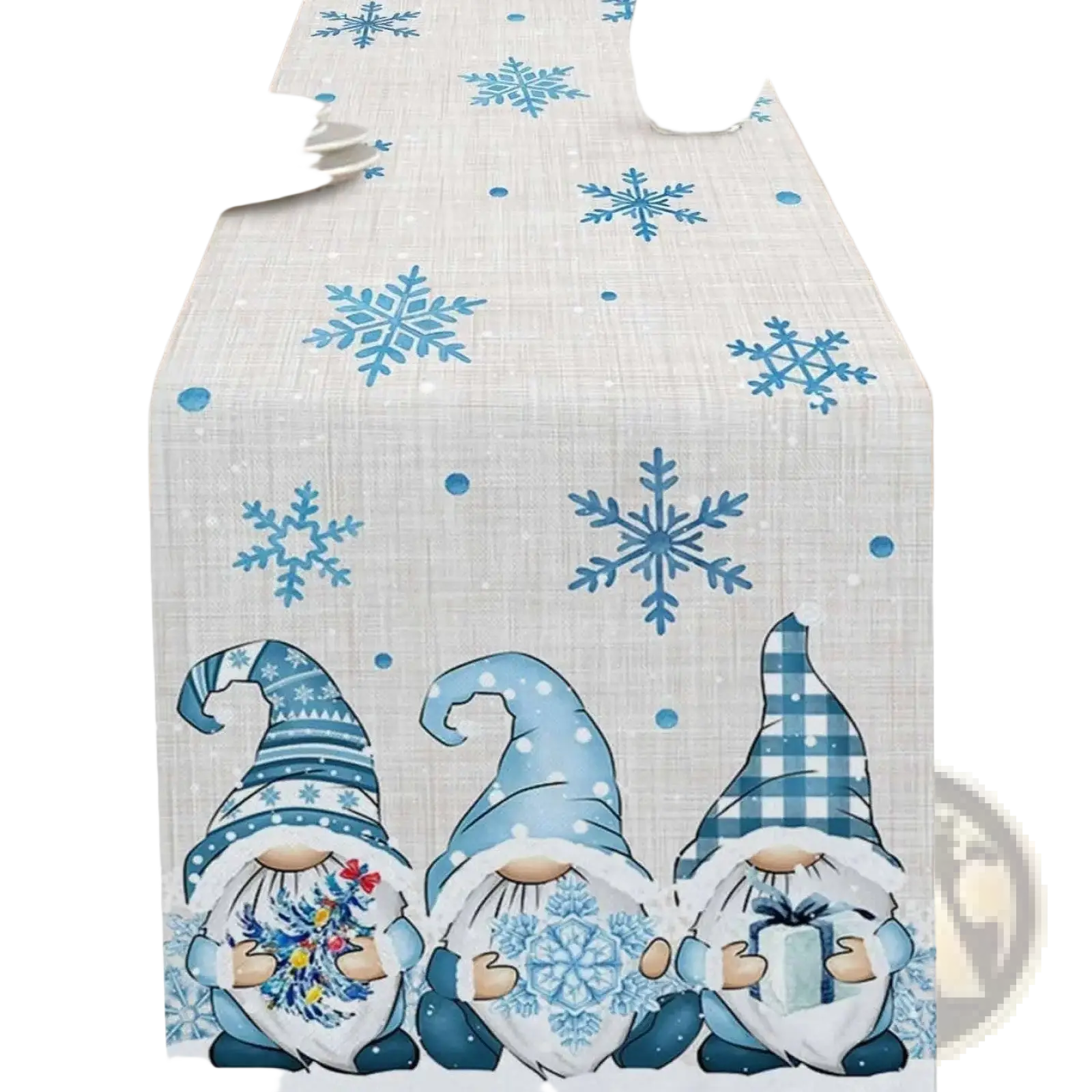 Christmas table runner festive holiday decor beige fabric with blue snowflakes and three winter gnome illustrations