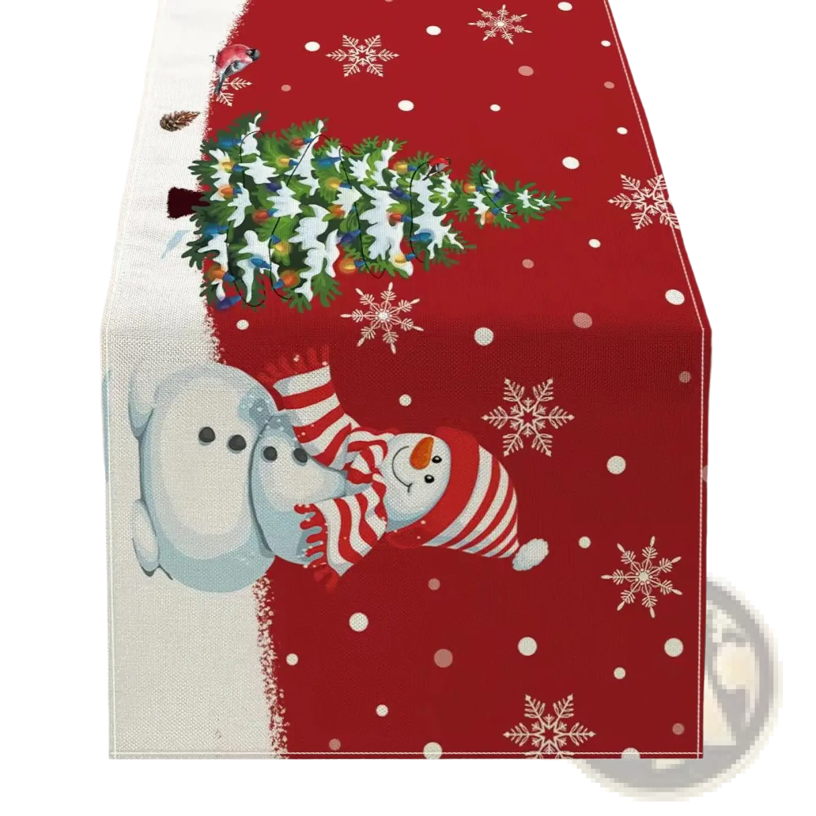Christmas table runner festive holiday decor 183x33 red and white featuring two snowmen and a decorated evergreen tree
