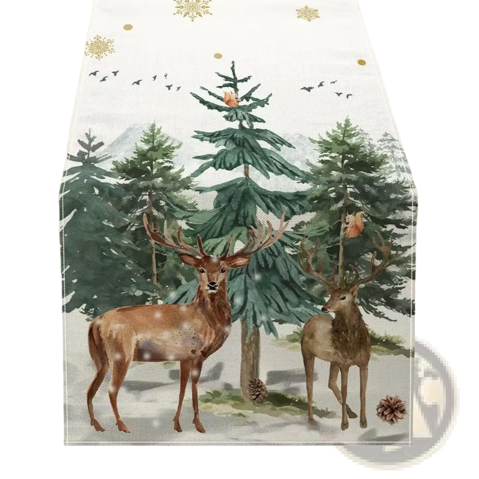 White linen christmas table runner 183x33 with watercolor brown deer snowy forest pine trees and golden snowflakes design