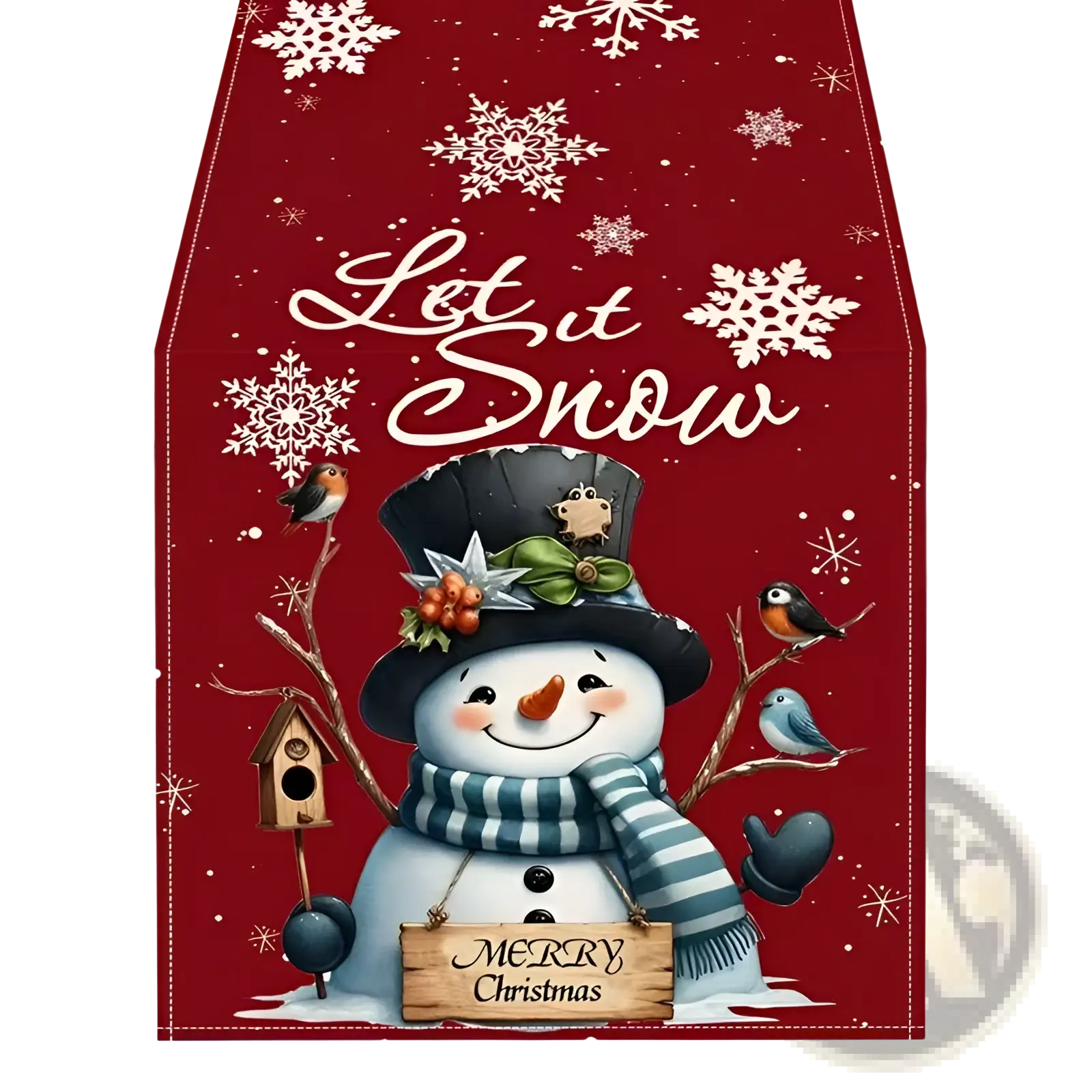 Red Christmas table runner measuring 183x33 featuring a cheerful snowman in a black top hat and blue scarf with snowflakes