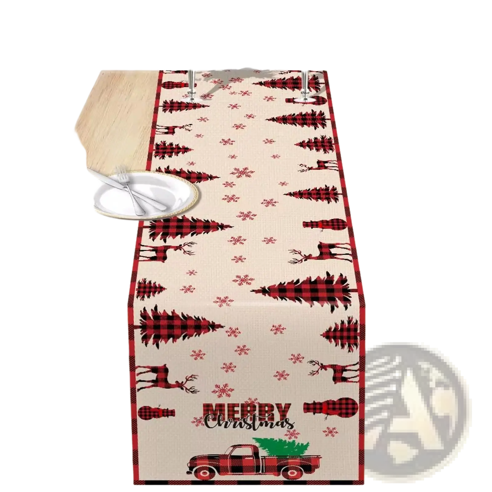 Christmas table runner 183x33 with red and black plaid fabric featuring reindeer snowflakes and truck design
