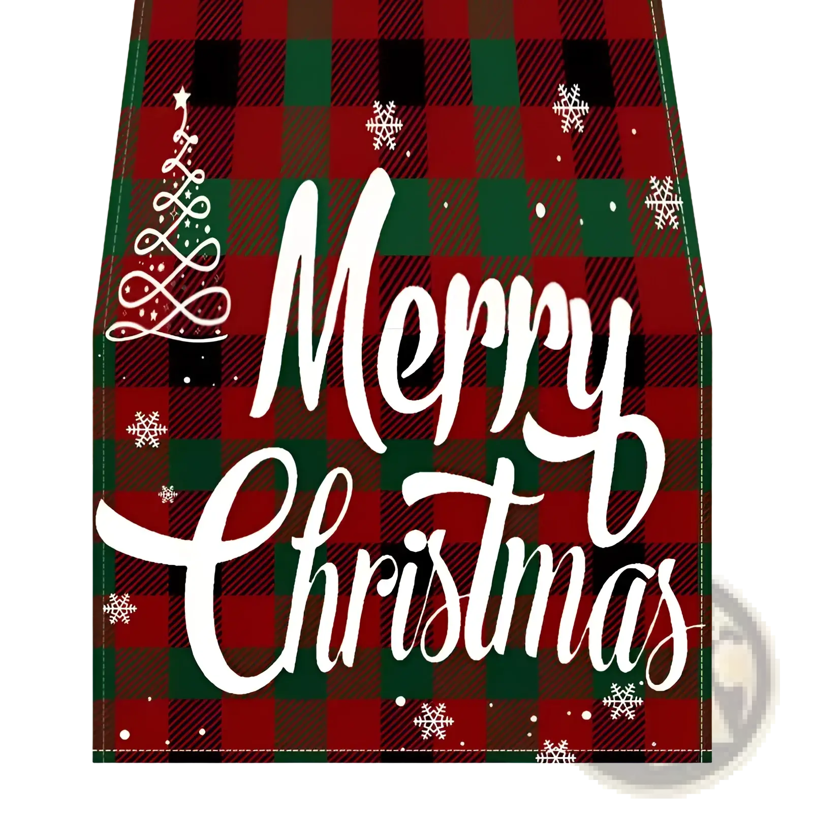 Red and green plaid christmas table runner with merry christmas text and festive snowflake and tree patterns 183x33