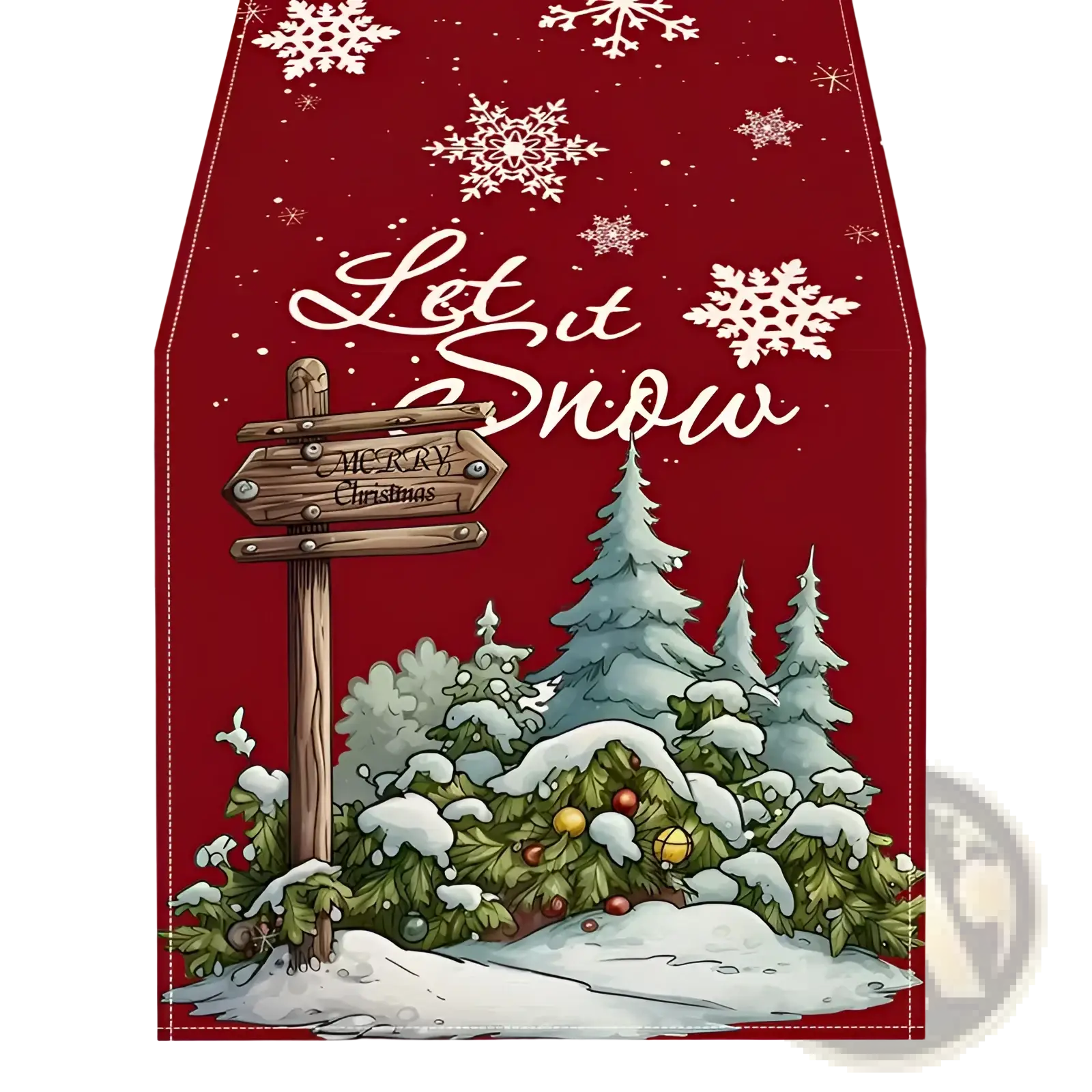 Christmas table runner festive holiday decor 183x33 red with white snowflakes and wooden let it snow merry christmas sign